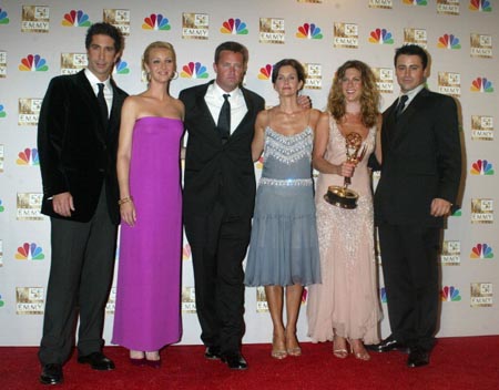 Cast members of "Friends" winner for Best Comedy Series at the 54th Annual Emmy Awards. L-R: David Schwimmer, Lisa Kudrow, Matthew Perry, Courteney Cox Arquette, Jennifer Aniston and Matt LeBlanc. (Photo by Jeffrey Mayer/WireImage)