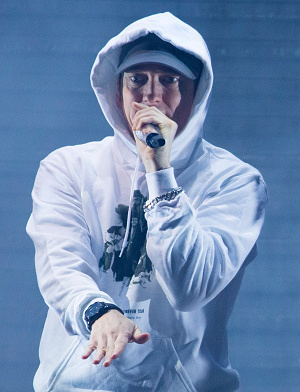 DETROIT, MI - NOVEMBER 06:  Special guest Eminem performs during the Big Sean concert in his hometown of Detroit at Joe Louis Arena on November 6, 2015 in Detroit, Michigan.  (Photo by Scott Legato/Getty Images)